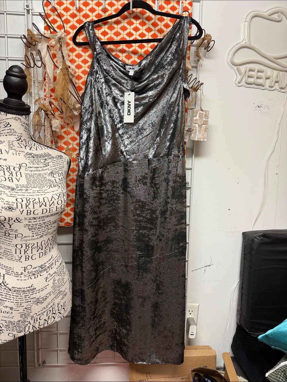 DKNY Metallic Silver Midi Slip Dress